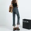 Jeans Reto com Franjas Feminino Outono 2024 Novo Cintura Alta Curto Nove Pontos Tubo Queimado Calças Primavera e Outono