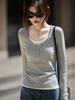 25 Años Principios de Otoño Nuevo Estilo Terciopelo Alemán Cuello en U Tejido de Punto Manga Larga para Mujer Bloques de Color Aspecto Adelgazante Jersey Falso de Dos Piezas Camiseta Base