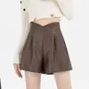Pantalones Cortos de Cuero para Mujer 2026 Nuevo Primavera Otoño Invierno Cintura Alta Petite Negros Plisados Ropa Exterior Línea A Pierna Ancha Casual Bootcut