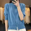 Cardigan de punto corto de algodón con cuello redondo liso, manga abullonada, cierre de botón, manga corta, adelgazante, elegante, para commuting, mujer