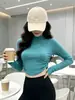 Camiseta de Manga Larga Corta para Mujer Otoño Invierno Sexy con Corte en la Cintura Ajustada Top de Chica Caliente Capa Interior Camisa de Cuello Semi-Alto
