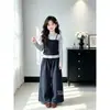 Menina Doce Design Moderno Senso de Moda Blusa Falsa de Duas Peças Manga Longa Doce Floral Casual Calça de Pernas Largas Conjunto de Duas Peças