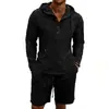 Conjunto de Verano Informal Transpirable de Lino Holgado Estilo Americano Transfronterizo para Hombre con Capucha y Pantalones Cortos de Color Sólido
