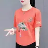 Estoque Excedente de Comércio Exterior Transfronteiriço Estilo Chinês Vintage Roupas de Mãe Camiseta de Manga Curta para Meia-Idade Camisa Base Solta Novo Estilo Chinês