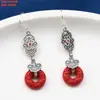 Pendientes de Plata de Ley 925 Ruyi Pez Dorado Seis Palabras Verdaderas Vintage Desgastados Cinabrio Zakiram Flor de Loto Largos