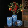 Vaso Cerâmico Tu Hua de Jingdezhen com Anel Dourado, Azul e Branco Melão de Inverno, Decoração de Sala de Estar, Exibição de Hotel Conjunto Criativo de Três Peças