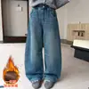 Calça Jeans Feminina com Forro de Lã Estilo Outono e Inverno para Crianças de Média e Mais Velhas Estilo Coreano Calça de Perna Larga Espessa Estilosa Calça Casual Infantil para Meninas