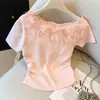 Camiseta de Manga Corta Dulce Floral 3D Estilo Coreano para Mujer, Versión Corta, Nuevo Modelo Verano 2026, Corte Ajustado, Favorecedor, Top Impresionante