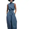 2026 Primavera Europea y Americana Nuevo Estilo Amazon Color Sólido Elegante Sencillo para Mujer Top sin Mangas de Mezcla y Pantalones de Pierna Ancha