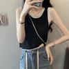 Blusa Suspender de Cor Contrastante para Garota Quente, Gola Redonda, Sem Mangas, Colete Tricotado, Verão Novo, Design de Nicho, Top Curto para Usar por Baixo