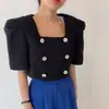 Chaqueta Corta de Moda Coreana Dongdaemun de Gama Alta para Mujer, Cuello Cuadrado, Doble Botonadura, Manga Abullonada