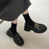 Sapatos Femininos de Couro Pequeno Marrom de Bico Redondo Estilo Britânico Salto Grosso Novos Verão 2025 Mocassins Franceses Slip-On de Sola Grossa