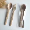 Set de Cubiertos Desechables de Mango Largo Espesado de Palillos y Cucharas de Bambú Carbonizado para Llevar, Arroz, Pizza, Pasta, Ensalada de Frutas y Tenedor