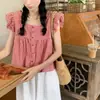 2024 Primavera Estilo Coreano Menina bonito Verão Verão Square Collar Loose All-match Backless Camisa Short Doll Top Manga Voadora Pequena