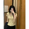 Camiseta de Verão com Gola V e Manga Curta para Mulheres, Dropshipping Transfronteiriço, Corte Slim, Versátil, Botão Frontal, Estilo Americano, Top Picante
