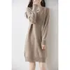Nuevo Vestido de Punto de Lana Pura con Cuello en V para Otoño e Invierno, Suéter de Manga Larga de Longitud Media para Mujer, Vestido Base de Cachemira Holgado