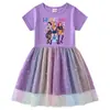 Vestido de Princesa de Malla con Lentejuelas Arcoíris para Niñas, Manga Corta de Verano, Manga Larga de Primavera y Otoño, Estilo Kpop Cazador de Demonios
