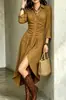 En stock 2026 nuevo vestido de otoño color caqui transfronterizo europeo y americano de Amazon, corte ajustado, entallado en la cintura, vestido midi con abertura
