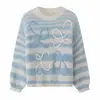 Estilo europeu e americano outono e inverno novo doce fresco estilo preguiçoso versátil gola redonda suéter pullover suéter de contraste arco-íris feminino