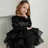 Vestido Negro de Florista con Lentejuelas y Mangas Largas 2025 Nuevo Fiesta de Cumpleaños para Niña Pequeña Lindo Vestido de Princesa de Navidad No