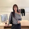 Suéter tejido rosa de estilo coreano con hombros descubiertos y manga larga para mujer, capa base para otoño e invierno, top elegante y juvenil con hombros descubiertos