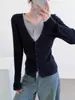 Cardigan de Lã Retrô com Tranças e Blocos de Cor Estilo Old Money Primavera 2026, Falso Duas Peças, Gola Redonda, Top Feminino Emagrecedor