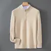 Novo Suéter de Malha Grossa Quente Liso 100% Lã Masculino Gola Alta Meia com Zíper Outono/Inverno 2026 Malhas