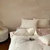 Conjunto de Roupa de Cama Renda Bordada Rosa Algodão de Fibra Longa Fio Duplo 50 Contagens Estilo Francês Luxo Leve Conjunto de Quatro Peças para Meninas