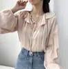 Camisa Feminina Longa com Renda, Cadarço, Pregas e Babados Estilo Coreano Chic