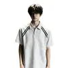 Camisa polo versátil a rayas tipo patchwork estilo americano, camiseta de verano para hombre de manga corta con hombro normal, cuello camisero resistente, elegante y fresca de media manga