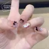 Unhas Postiças Curtas Usáveis com Bolinhas Pretas e Laços, Estilo Olho de Gato de Alta Qualidade, Vibe Romântica, Unhas Postiças Usáveis