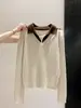 Suéter de malha com gola polo bicolor, falso duas peças, manga longa, para mulheres, novo top suéter base de tricô torcido outono/inverno 2022 14107