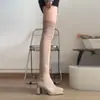 Botas altas de tacón para mujer, nueva colección de invierno 2025, con punta cuadrada, diseño elástico para un efecto adelgazante, tacón grueso y botas largas de gamuza