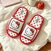 Chinelos Femininos para Casa de Algodão e Linho Co-branded IP Oficial Hello Kitty para Todas as Estações com Velcro, Antiderrapantes, Silenciosos, Solado Macio
