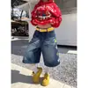 Shorts jeans vintage lavado e bordado estiloso estilo americano para mulheres, estilo de rua de verão, casual e versátil, calça cropped solta de perna larga