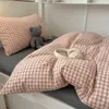 Estilo Blogger Sólido Vintage Simple Rayado Algodón Lavado Juego de Cama de Cuatro Piezas Estudiante Juego de Cama de Tres Piezas con Sábana Ajustable 1.8m