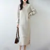 Otoño e Invierno Nuevo Vestido de Lana 100% para Mujer Cuello en V Falda Interior hasta la Rodilla Diseño con Abertura Base de Suéter