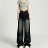 Jeans graffiti retrô americano, calça preta de perna larga, design high-street estiloso e moderno, desgastado e casual, modelagem solta, calça longa versátil
