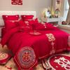 Roupa de Cama de Casamento de Quatro Peças Vermelha Grande Bordada com Dragão e Fênix Estilo Chinês de Luxo Lençol de Cama Cobertura de Colcha Algodão Puro Roupa de Cama de Casamento