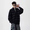 Suéter tejido a rayas retro con cuello alto y patchwork para hombre, suéter casual holgado estilo americano de otoño, chaqueta versátil de punto abierto holgada