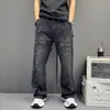 Pantalones de trabajo de doble rodilla con salpicaduras de pintura, rotos, lavados, pantalones de leñador, jeans rectos holgados de pierna ancha, marca moderna adelgazante para hombres y mujeres
