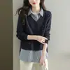 Camisas Femininas Roupa de Início de Outono 2025 Novas Malhas Falsas de Duas Peças Tops Femininos Roupas de Outono e Inverno Camisas Estilo Ocidental