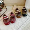 Zapatos de piel para niña estilo rústico con estampados a cuadros, volantes, encaje, moños, punta redonda, zapatos vintage artísticos de princesa para niños