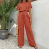 Conjunto de dos piezas de moda y elegante para mujer, camiseta lisa de cuello redondo y pantalones rectos ajustados a la cintura, nuevo estilo de comercio exterior transfronterizo europeo y americano 2026