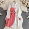 Vestido Camisa Otoñal Estilo Coreano, Moda Falso Dos Piezas, Ceñido a la Cintura, Adelgazante, Patchwork a Cuadros, Vestido de Botones, Falda Línea A para Mujer