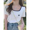 Camiseta de Verão 2026 com Gola Quadrada, Blocos de Cor, Manga Curta para Mulheres com Design Único, Revelando a Clavícula, Corte Justo, Top Básico Tendência