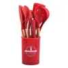Juego de 12 Utensilios de Cocina de Silicona con Mango de Madera Set de Utensilios Antiadherentes Cubo de Almacenamiento Juego Diario de Cocina en Stock
