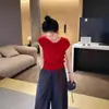 Camiseta azul elegante para mujer de color caramelo, nuevo modelo de verano, cintura simple con cordón, top de punto adelgazante de manga corta con pequeñas mangas acampanadas