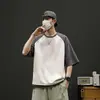 Camiseta casual de manga corta para hombre, estilo americano, gamuza, peso pesado, diseño único, top de nicho, color block de verano, corte holgado
