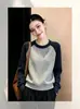 Suéter raglán color block para mujer, nuevo top de punto suelto de cuello redondo otoño/invierno, capa base, top pullover versátil
